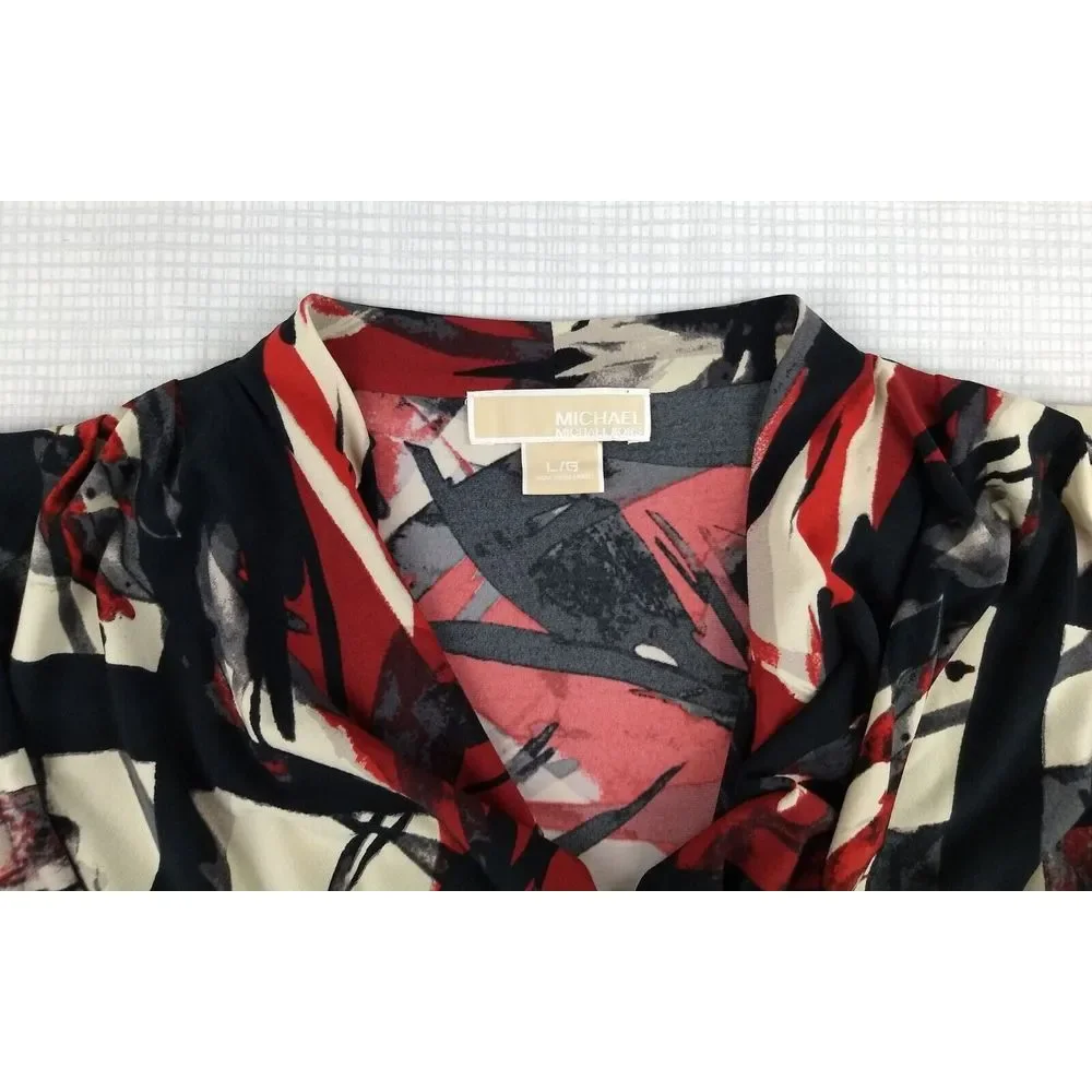 Michael Kors Sleeveless Sheath Dress L Ruched Side Cowl Neck Black Red Blaze NWT